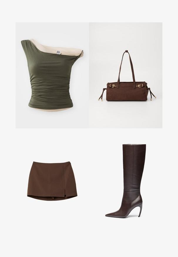 BDG Urban Outfitters FREYA TWIST - Linne - khaki; Brun minikjol i mjukt tyg, med slits fram, rena linjer och en strukturerad passform. Inga fickor eller framträdande metallbeslag.; Brun läderstövel med knähöjd, spetsig tå och stilettklack, med en slät yta och minimalistisk design.; Brun mockaskväska med två axelremmar, detaljer i guldmetall och justerbara sidoknoppar. Har ett dragkedjestängning och en smidig textur.