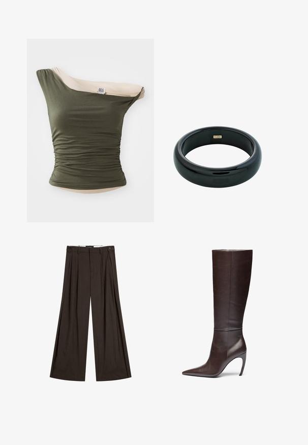 BDG Urban Outfitters FREYA TWIST - Top - khaki; Braune weit geschnittene Hose aus leichtem Stoff, mit vorderen Falten, zwei Seitentaschen und einem einzelnen Knopfverschluss.; Braune Lederkniehohe Stiefel mit spitzer Zehe und Stiletto-Absatz, die eine glatte Textur und ein minimalistisches Design aufweisen.; Schwarzes Harzarmband mit einer glatten, glänzenden Oberfläche und abgerundeten Kanten. Verfügt über ein kleines goldfarbenes "Pilgrim"-Logo im Inneren.
