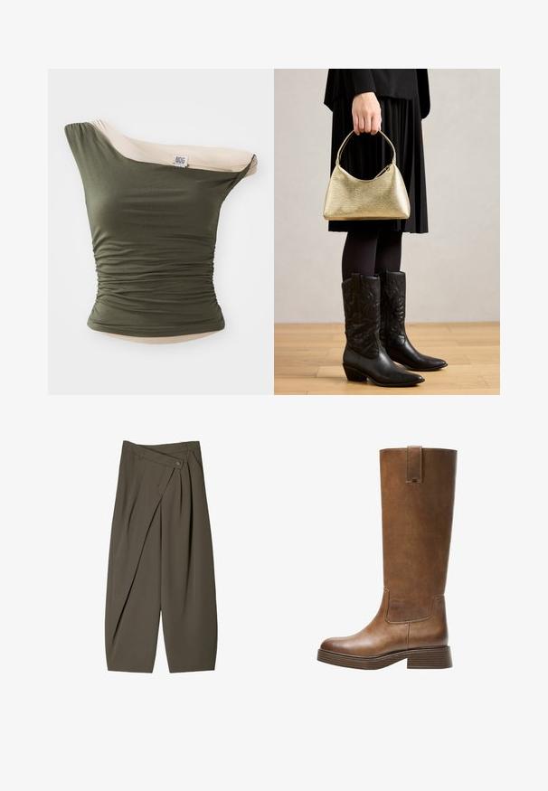 BDG Urban Outfitters FREYA TWIST - Top - khaki; Pantaloni cu croi larg dintr-un material verde măsliniu închis, cu un design pliat în față, închidere cu nasture și o suprafață lustruită și texturată.; Botă din piele maro, până la genunchi, cu vârf rotunjit, suprafață texturată și toc mic, îngroșat. Dispune de un panou lateral și un capac de prindere în partea de sus.; Geantă texturată aurie cu o formă curbată și mânere scurte, ținută de o persoană care poartă o fustă plisată neagră și cizme cowboy negre din piele.