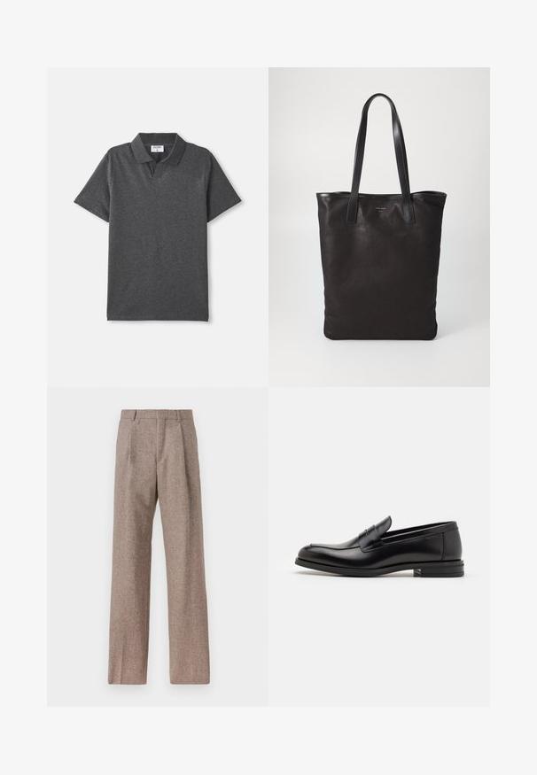 Ogle melnā īsām piedurknēm polo krekls ar apkakli un bez redzamām pogām, izlīdzināts uz baltas fona.; Brūni, augstos šortos izgatavoti no teksturēta auduma. Iezīmē plašas kājas un divas priekšējās krokas, kas nodrošina struktūru. Kārtīga apdare bez redzamām detaļām.; Melnas ādas kurpes ar gludu tekstūru, noapaļu purngalu un dekoratīvu siksniņu pāri priekšpusei. Zems sakrauts papēdis, minimālisma dizains.; Melnas auduma iepirkumu soma ar melnām ādas rokturiem. Vienkāršs dizains, plaša forma un gluda tekstūra. Nav redzamu logo vai rakstu.