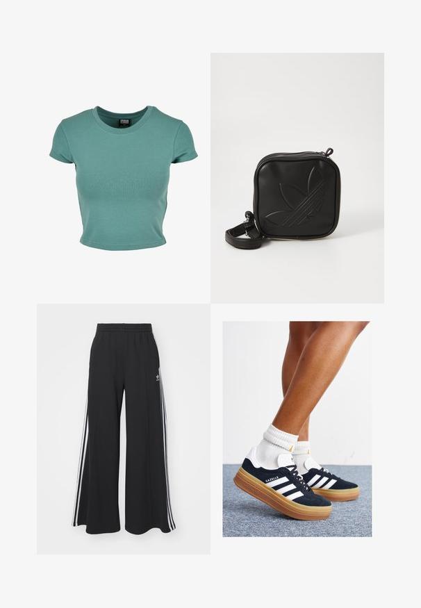 Short-sleeve, crew neck t-shirt in teal, made from soft cotton material with a fitted design and hemmed edges.; Black wide-leg sweatpants with an elastic waistband, featuring white side stripes and an embroidered logo on the left thigh.; Black suede sneakers with white stripes and accents, rounded toe, gum rubber outsole, paired with white ribbed crew socks.; Black square crossbody bag made of textured synthetic material. Features an embossed logo design and adjustable strap. Zipper closure.