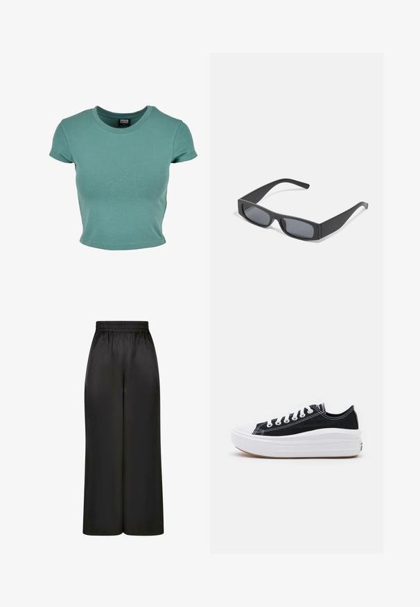 Tricou cu mânecă scurtă, guler rotund, de culoare teal, fabricat din material moale de bumbac, cu un design ajustat și margini cusute.; Pantaloni negri cu picioare largi, fabricați dintr-un material neted și lucios, cu un elastic la talie și fără buzunare vizibile sau detalii metalice.; Adidași negri din pânză cu șireturi albe, vârf alb din cauciuc și o talpă medie groasă albă. Prezintă cusături subtile albe și o talpă din cauciuc.; Ochelari de soare negri, cu lentile întunecate și rame groase mate. Brațele sunt ușor conice, cu o textură netedă.