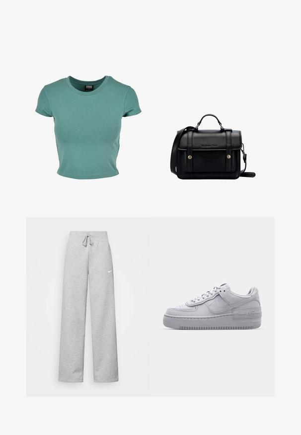 Korte mouwen, ronde hals t-shirt in teal, gemaakt van zacht katoen met een aangesloten ontwerp en afgewerkte randen.; Grijze sweatpants met een elastische tailleband, een trekkoord-detail en een klein wit Nike-logo op de linkerdij. Zachte stof, losvallend.; Grijze Nike Air Force 1 sneaker met geperforeerde neus, glad leren bovenwerk, dikke zool en verhoogde 'AIR' details op de hiel.; Zwarte leren schoudertas met een gestructureerd ontwerp, handvat bovenaan, verstelbare schouderband, voorklep en metalen accenten. Voorzien van branding aan de voorkant.