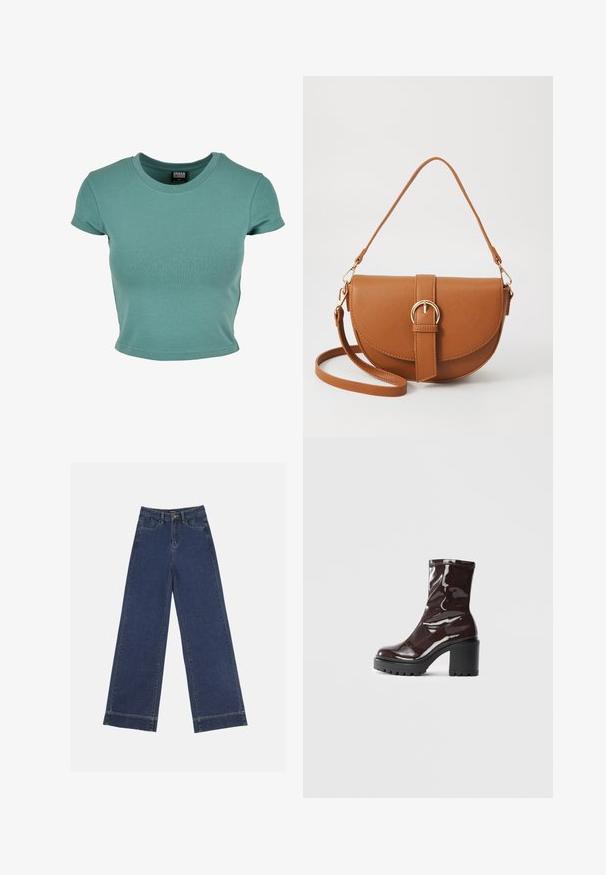 Short-sleeve, crew neck t-shirt in teal, made from soft cotton material with a fitted design and hemmed edges.; Wide-leg jeans in dark blue denim. Features five pockets, belt loops, and a raw hem at the bottom with visible stitching details.; Glossy burgundy ankle boot with a chunky black heel, featuring a smooth texture and simple design. No visible fastenings or patterns.; Brown leather crossbody bag with a curved shape, gold hardware, and a buckle accent. Features a detachable shoulder strap.
