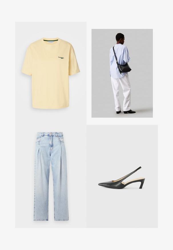 Sárga pamut póló laza szabással, rövid ujjal, zöld hímzett logóval a bal mellen. Simább textúra, kerek nyakkivágás.; Világoskék farmernadrág magas derekú, bő szabású, két oldalsó zsebbel és pliszírozott dizájnnal. Puha tapintású, elhalványított felület.; Fekete, hegyes orrú, slingback cipő alacsony sarkával, sima bőrből készült, oldalt kivágott deisgnal a légáteresztőképesség érdekében.; Fekete bőr válltáska puha tapintással, háromszög alakú, állítható pánttal, világoskék csíkos inggel és fehér nadrággal párosítva.
