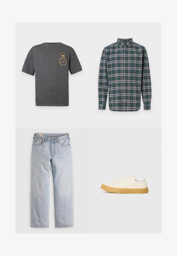 Pilkos spalvos trumpomis rankovėmis medvilninė marškinėliai. Kairėje krūtinės pusėje yra geltona apvalios formos grafika su tekstu ir žvaigždėmis.; Žalias flanelinis marškinis, puoštas plaidiniu raštu su mėlynomis, baltomis ir garstyčių geltonumo linijomis. Mygtukais užsegama priekinė dalis ir smailas apykaklė. Ilgos rankovės.; Šviesiai mėlyni tiesūs džinsai su aukštu juosmeniu, užsegimu mygtuku ir priekinėmis bei galinėmis kišenėmis, rodomi ant lygios paviršiaus.; Oficio drobės sneakeriai baltai kreminės spalvos, su apvaliu galiuku, su smėlio spalvos guminiais padais ir penkiomis skylėmis raištams, turintys tekstūruotą viršutinę dalį.