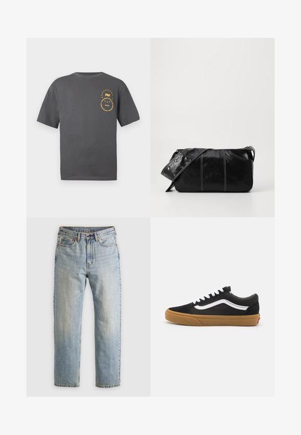 T-shirt grigio a maniche corte in cotone. Presenta una grafica circolare gialla con testo e stelle sul lato sinistro del petto.; Jeans in denim azzurro chiaro con vita alta, bottone anteriore, cerniera e design a cinque tasche, adagiati su uno sfondo neutro.; Sneakers in camoscio nero con striscia laterale bianca, lacci bianchi e suola in gomma marrone. Design classico low-top con accenti testurizzati e punta arrotondata.; Borsa a spalla in pelle nera con chiusura a zip, caratterizzata da un corpo testurizzato, cuciture bianche e una tracolla con occhielli in argento.