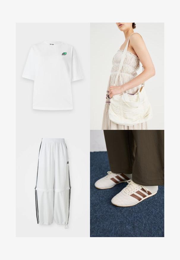 Witte katoenen T-shirt met korte mouwen, oversized pasvorm, met een klein multicolor logo op de linkerkant van de borst. Soepele textuur.; Witte sportbroek met een relaxte pasvorm, elastische tailleband en zwarte zijkanten. Voorzien van ritszakken en elastische boorden bij de enkels.; Witte sneakers met bruine strepen, gedragen met een broek in bruin, op een blauwe vloerbedekking.; Witte stoffen schoudertas met geraffineerde textuur, verstelbare schouderband en zilverkleurige hardware. Naast een crèmekleurige jurk weergegeven.