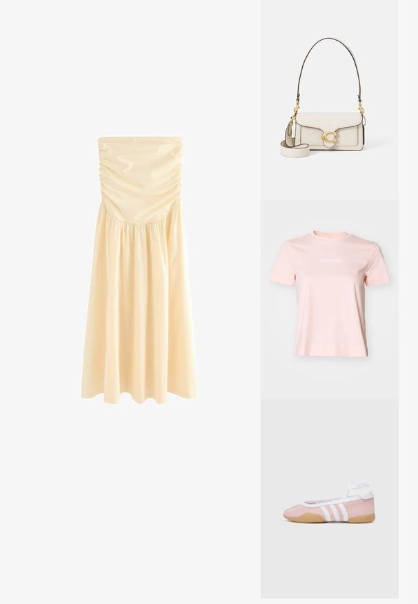 Gaišs rozā kokvilnas t-krekls ar apaļu apkakli, īsām piedurknēm un balto "BJÖRN BORG" logo uzdrukātu priekšpusē.; Bezplecu midi kleita gaiši iedegusi krāsā, ar ručingu pie krūšu daļas un savāktu svārku, kas nodrošina plūdenumu. Gluda, viegla auduma.; adidas Originals TAEKWONDO MEI BALLET - Sporta apavi - clear pink/ftwr white/gum; Krēmpiena ādas rokassoma ar strukturētu dizainu, kontrastējošām melnām malām, zelta aparatūru un noņemamu siksnu ar paraksta logotipu.