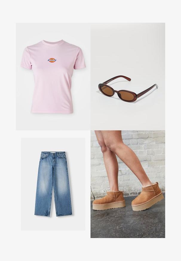 Roza bombažna majica s kratkimi rokavi, okroglim izrezom in majhnim okroglim logotipom v rdeči, rumeni in modri barvi na prsih.; Svetlo modri kavbojki z ohlapnim krojem, širokimi hlačnicami in zbledelimi deli. Narejeni so iz denima s klasičnim petim žepnim dizajnom in zapiranjem na vrhnji gumb.; Rjavi semiš škornji do gležnjev s puhastim podlogo, debelim bež platformnim podplatom in zanko na zadnji strani. Teksturirana površina z vidnimi šivi.; Okrogle, rjavo obarvane sončne naočare z sijočim burgundskim okvirjem. Tanek nosilec s subtilnim logotipom. Oblika leč je ravna.