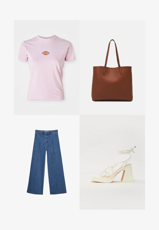 Różowa bawełniana koszulka z krótkim rękawem, okrągłym dekoltem i małym okrągłym logo w czerwonym, żółtym i niebieskim kolorze na piersi.; Jeans typu wide-leg w średnim niebieskim kolorze, z wysokim stanem, zapięciem na guziki oraz kontrastowymi szwami pionowymi z przodu.; Biała sandał na wysokim obcasie z masywnym słupkiem, z paskowym wzorem i wiązaniem przy kostce. Gładka faktura z platformą z przodu dla dodatkowej wysokości.; Brązowa skórzana torba tote o gładkiej fakturze, z otwartym wierzchem i dwoma ramiączkami. Charakteryzuje się minimalnym przeszyciem i brakiem widocznych elementów metalowych.