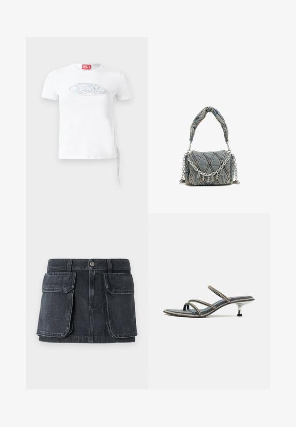 White short-sleeve t-shirt made of cotton. Features a textured silver logo on the front and side laces for adjustable fit.; Black denim skirt with a fitted waist, button closure, two large front pockets, and contrasting stitching detailing.; Denim sandal with three thin straps adorned with rhinestones, pointed toe, and a metallic, stiletto-style heel. Non-slip base.; Denim handbag with quilted pattern, blue color, short braided handle, and silver chain strap featuring metallic brand lettering detail.