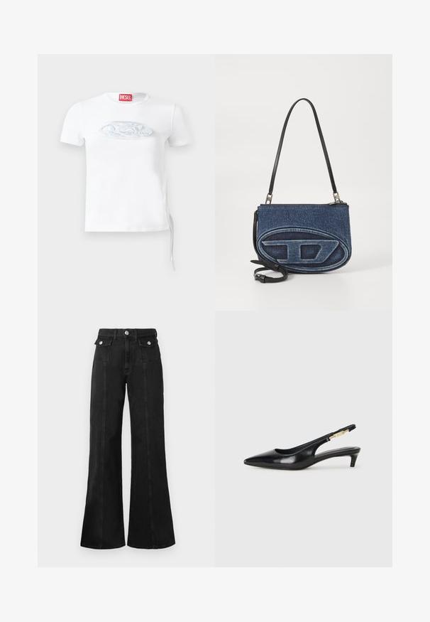 Valge lühikeste varrukate jao T-särk, mis on valmistatud puuvillast. Ees on tekstureeritud hõbedane logo ning külgedel on nöörid reguleeritava sobivuse jaoks.; Mustad denim flared teksad kõrge vöökohaga, millel on kaks esimist taskut, hõbedatooni riistvara ja nähtavad õmblused ees.; Mustad nahast slingback kontsad terava ninaga, millel on õhuke konts ja kuldse tooni aktsent reguleeritaval rihmal. Sile tekstuur.; Denimist ristikotid musta nahkrihmaga, ees ovaalne logo kujundus ja pealmine tõmblukk. Tekstuuriga viimistlus.