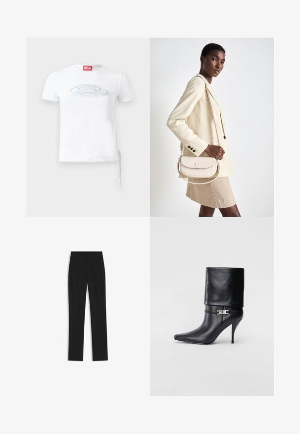 Valkoinen lyhythihainen T-paita, joka on valmistettu puuvillasta. Edessä on teksturoitu hopeinen logo ja sivuilla nyörit säädettävää istuvuutta varten.; Mustat räätälöidyt housut suoran lahkeen designilla, joissa on etutaskut ja sileä, teksturoitu kangas. Siistit, minimalistiset yksityiskohdat.; Musta nahkasaapas nilkkapituudella, teräväkärkinen, korkea stiletto-korko, käännettävä varsi ja kultainen koristeellinen solki nilkassa.; COACH EMMY SADDLE BAG 23 - Käsilaukku - chalk