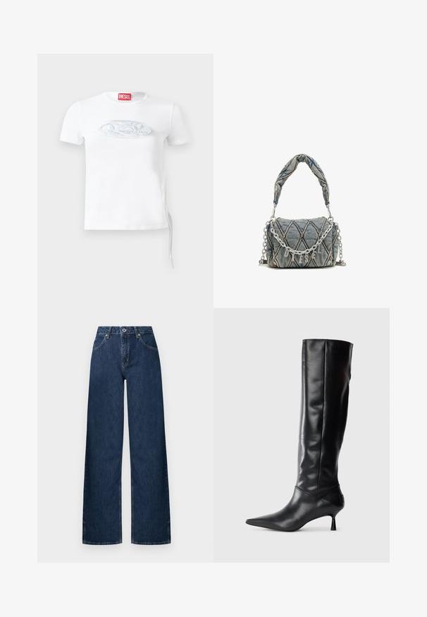 Valge lühikeste varrukatega puuvillane t-särk, mille rinnal on sinakas-halli tooni peen reljeefne logo ja külgedel paelaga detail.; Laiade säärtega teksad tumedast teksast. Omavad klassikalist viie taskuga disaini, nööpidega sulgemist ja õrnat pleekimist põlvede juures.; Must musta kõrge saabas terava ninaga ja sihvakate kaartega kontsadega. Sile tekstuur, keha vastav disain ja nähtava riistvarata või mustriteta.; Denimist käekott, millel on tikandimuster, sinine värv, lühike põimitud käepide ja hõbedane kett, millel on metallist bränditekst.