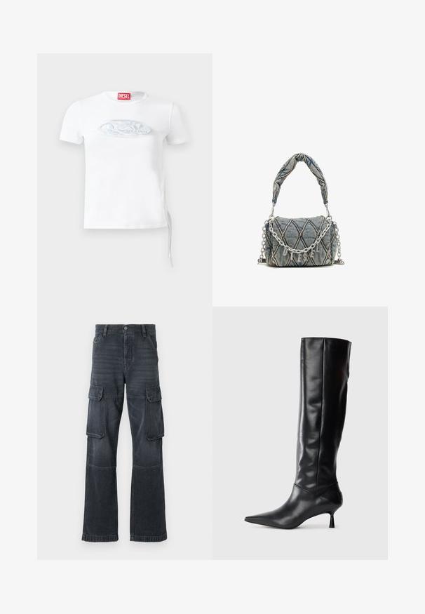 Bela kratka majica s kratkimi rokavi iz bombaža. Ima teksturiran srebrni logotip na sprednji strani in stranske vezalke za prilagodljivost.; Temno sivi cargo hlače iz denima, z dvema stranskima žepoma in širokim krojem. Šivani detajli ob šivih in robovih.; Črne usnjene škornje do kolen z ozkim nosom in vitkim, ukrivljenim peto. Gladka tekstura, prilegajoč dizajn in brez vidnih dodatkov ali vzorcev.; Denim torba z rokavicami, modre barve, kratka pletena ročica in srebrna verižica z značilnostjo metalnih črk blagovne znamke.