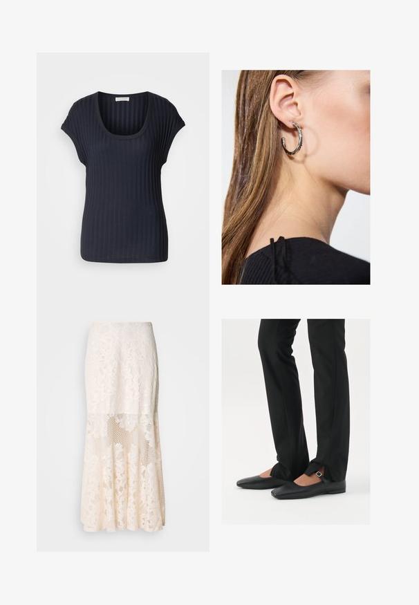 Tmavomodré rebrované tričko s okrúhlym výstrihom a krátkymi výstrihmi. Vyrobené z mäkkého, elastického materiálu, ktorý má hladkú štruktúru a priliehavý strih.; Kvetinová čipkovaná midi sukňa v krémovej farbe; obsahuje vrstvený dizajn s priesvitnými časťami, textúrovanou čipkou a rozšíreným lemom.; Čierne kožené baletky s špicatou špičkou, remienkom so striebornou prackou, skombinované s čiernymi strihovými nohavicami so rozparkom na leme.; Strieborná kruhová náušnica s lesklým povrchom, obsahujúca malé zlaté akcenty a okrúhly tvar, nosená na lalôčiku ucha.