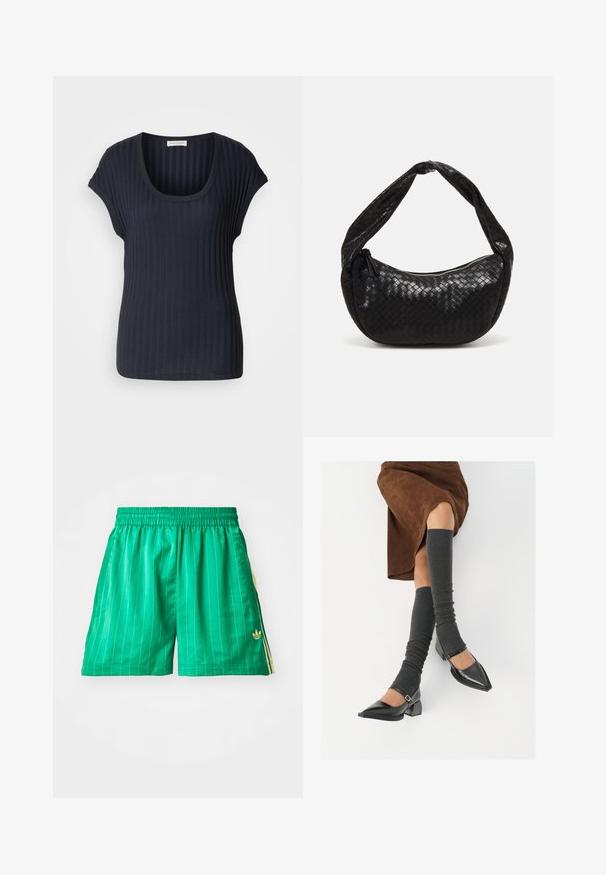 Temno mornarsko modra rebrasta majica s krojem na vratu in kratkimi rokavi. Narejena iz mehke, raztegljive tkanine, s gladko teksturo in prilegajočim krojem.; Zelene športne kratke hlače z belimi navpičnimi črtami, elastičnim pasom in rumenimi stranskimi poudarki. Na spodnjem levem delu imajo majhen zlat logotip.; Črne lakirane čevlje s pointy prsti in blok peto ter z naramnicami za gleženj, ki jih kombiniramo s sivimi rebrastimi nogavicami in rjavim suknjičem iz usnja.; Črna pletena usnjena torbica s ukrivljenim oblikom, opremljena s širokim ročajem in zadrgo za zapiranje. Teksturirana površina z sijočim zaključkom.