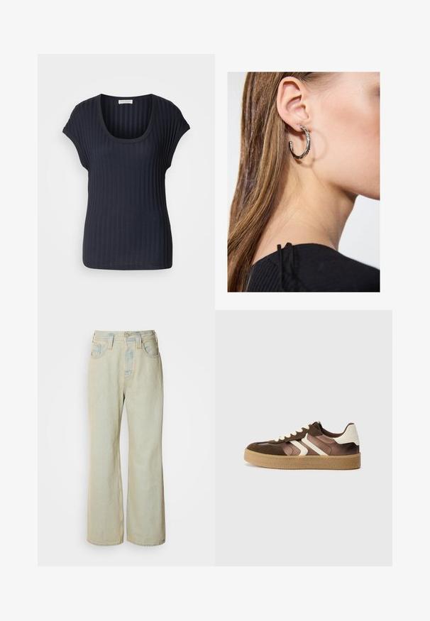 Dark navy ribbed T-shirt with a scoop neck and short cap sleeves. Made from a soft, stretchy fabric, featuring a smooth texture and fitted shape.; Light blue wide-leg jeans made of denim, featuring a high waist, five pockets, and subtle fading with contrasting stitching accents.; Brown and cream sneakers with a combination of suede and satin materials, featuring three diagonal stripes and a textured gum sole.; Silver hoop earring with a polished finish, featuring small gold accent details and a round shape, worn on the lobe.