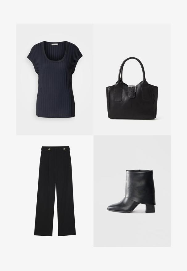 Tume navy ribaga T-särk ümmarguse kaelusega ja lühikeste varrukatega. Valmistatud pehmest ja venivast kangast, millel on sile tekstuur ja keha lähedane lõige.; Mustad laiad püksid kõrge vöökoha ja nööpdetailidega vööandil, esikortsudega.; Mustad nahast pahkluuring, millel on terav varvas, sile tekstuur ja struktureeritud plokknakk. Omab kõrget, volditud suud.; Mustgamma nahast kott, millel on sile tekstuur, struktureeritud kuju, kaks käepidet ja esiküljel silmapaistev hõbedane pandla detail.