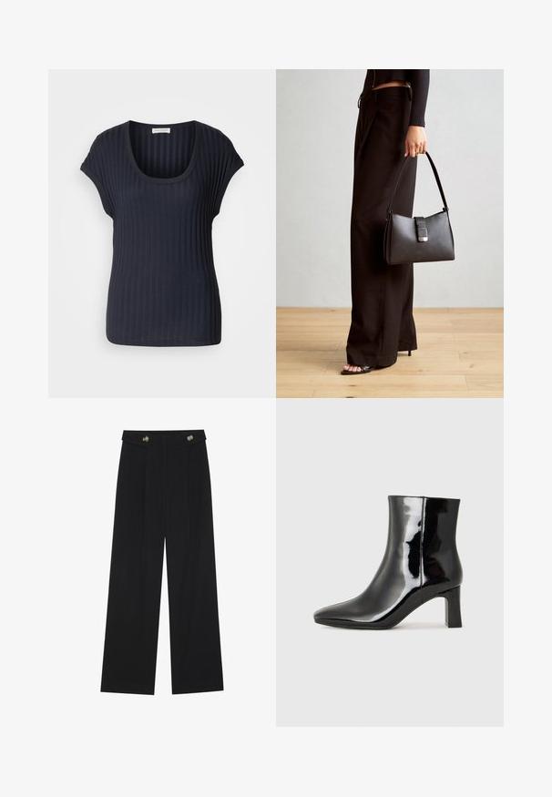 Mørk marineblå ribbestrikket T-skjorte med rund hals og korte kappe-ermer. Laget av et mykt, elastisk stoff, med en glat overflate og figursydde form.; Svart vide bukser med høy midje, knappdetaljer på midjebåndet og frontplisser.; Sorte patentlær ankle boot med spiss tå og en mellomhøy blokkhelt. Glatt tekstur og minimalistisk design.; Svart håndveske med strukturert form, jevn tekstur og metallisk lås. Kombinert med brede svarte bukser og sandaler med åpen tå på tregulv.