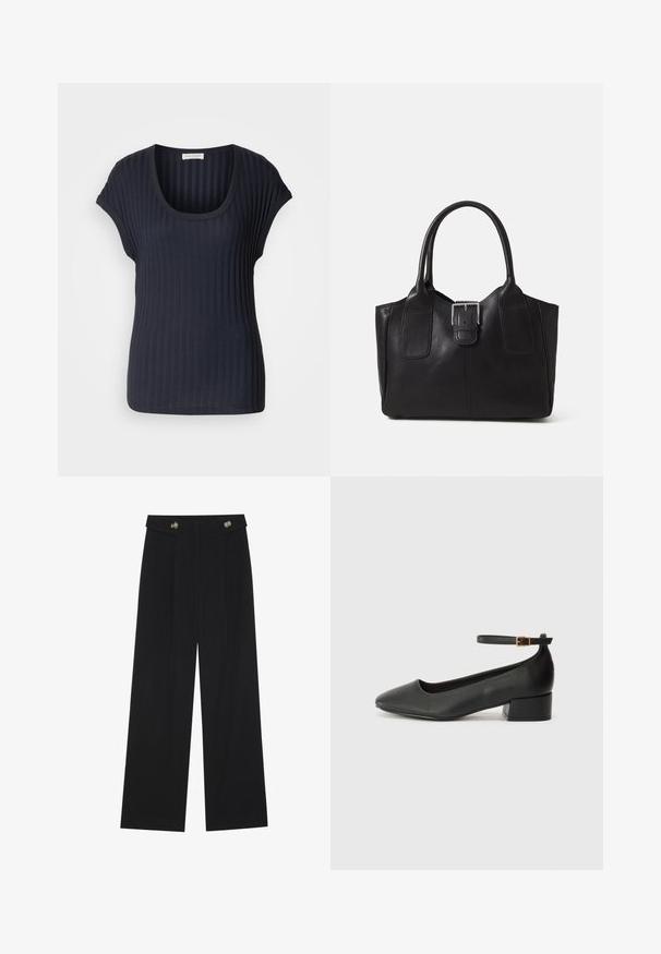 Tricou închis la culoare, cu dungi, de culoare bleumarin, cu guler tip scoop și mâneci scurte tip capac. Fabricat dintr-un material moale și elastic, având o textură netedă și o formă ajustată.; Pantaloni negri cu picioare largi, talie înaltă, detalii cu butoane pe talie și pliseuri în față.; Pantof cu toc negru din piele, cu vârf ascuțit și toc mic pătrat. Dispune de o curea la gleznă cu o cataramă în tonuri de aur. Textură netedă.; Geantă tote din piele neagră cu textură netedă, formă structurată, două mânere și un detaliu proeminent din aliaj de argint pe partea din față.