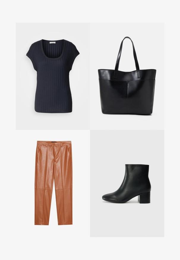 Mørk marineblå ribbestrikket T-skjorte med rund hals og korte kappe-ermer. Laget av et mykt, elastisk stoff, med en glat overflate og figursydde form.; Brune imitasjonslærbukser med skreddersydd passform, med frontfeller og rette ben. Glatt tekstur uten synlig maskinvare eller detaljer.; Sorte skinn ankelsko med spiss tå og chunky hæl. Glatt tekstur med minimale detaljer og et elegant, tettsittende design.; Svart lær toteveske med to lange håndtak, en glatt tekstur og en strukturert form. Har en frontlomme for ekstra oppbevaring.