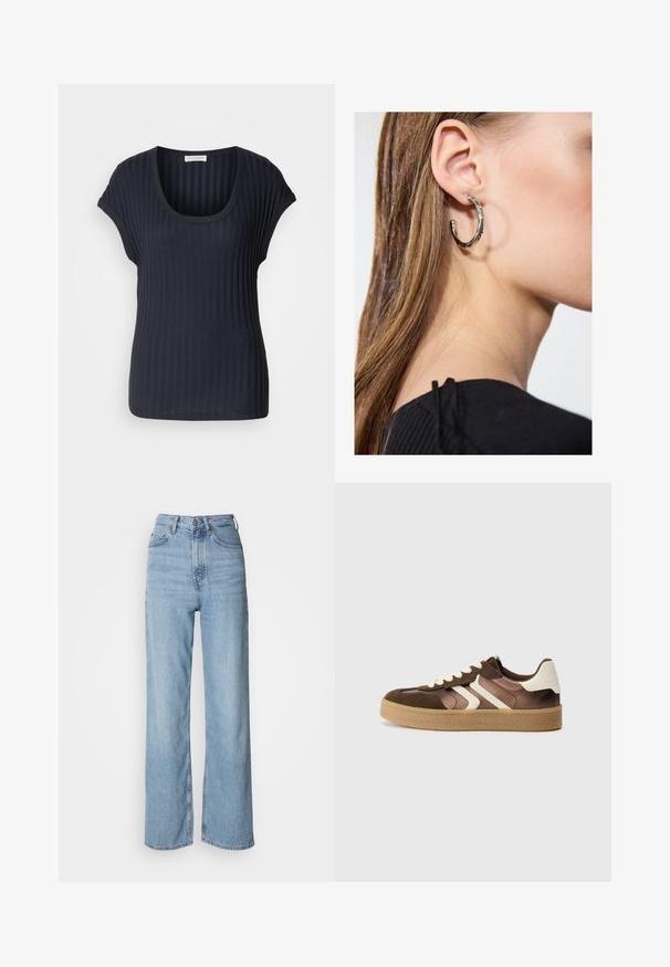 Mörk marinblå ribbad T-shirt med rundad hals och korta ärmar. Tillverkad av ett mjukt, stretchigt material som har en slät yta och en figurnära passform.; Ljust blå högmidjade jeans med rak ben, tillverkade av denim, med en framknäppning och subtila blekningar.; Bruna och krämfärgade sneakers med en kombination av mocka och satinmaterial, med tre diagonala ränder och en texturerad gummisula.; Silverörhänge med polerad yta, med små detaljer i guld och rund form, bärs på loben.