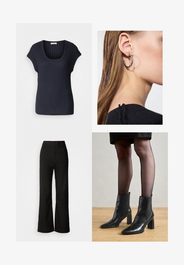 Mørk marineblå ribbestrikket T-skjorte med rund hals og korte kappe-ermer. Laget av et mykt, elastisk stoff, med en glat overflate og figursydde form.; Sorte vidde-bukser med glatt tekstur, høy midje og et rent design. Ingen synlige lommer eller pynt.; Sorte ankelstøvler i skinn med spiss tå, chunky firkantet hæl, og slank design. Har elastiske sidede paneler for enkel påføring.; Sølv ringøredob med en polert finish, med små gull detaljer og en rund form, båret på øreflippen.