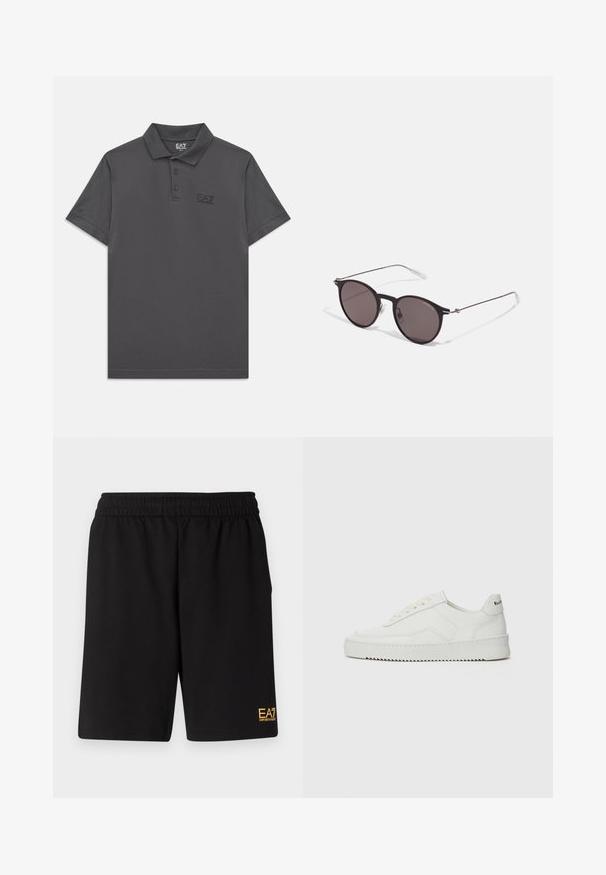 Ciemnoszara koszulka polo z krótkim rękawem, zapinana na trzy guziki, z subtelnym logo EA7 Emporio Armani na lewej piersi.; Czarne sportowe szorty wykonane z miękkiego materiału, z elastycznym paskiem w talii oraz małym, żółtym logo EA7 na dolnej lewej nodze.; Białe skórzane sneakersy o gładkim wykończeniu, okrągłym nosku, płaskich sznurówkach i teksturowanej podeszwie. Charakteryzują się delikatnym logo na pięcie.; Czarne okrągłe okulary przeciwsłoneczne z ciemnymi soczewkami i smukłymi metalowymi ramkami. Zawierają przezroczyste końcówki zauszników oraz srebrne akcenty przy zawiasie. Minimalistyczny design.