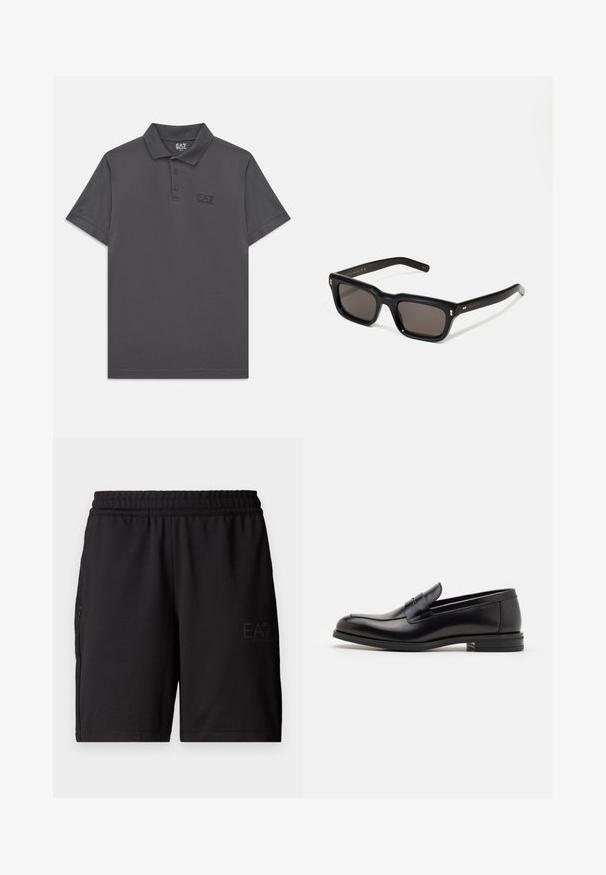 Tamsiai pilkas trumpa rankovė polo marškinėliai su trimis mygtukais ir subtiliu EA7 Emporio Armani logotipu kairėje krūtinės pusėje.; Juodi sportiniai šortai, pagaminti iš lengvos medžiagos, turi elastingą juosmenį ir tinklinės šoninės dalys. Prekės ženklo logotipas atspaustas priekyje.; Juodos odinės loafers, turinčios lygų paviršių, apvalią noselę ir dekoratyvinę juostą per priekinę dalį. Žemas krentantis kulnas, minimalistinis dizainas.; Juodos stačiakampės akinių nuo saulės su tamsiais objektyvais, storu plastiko rėmu, auksinėmis detalėmis ant šventyklų ir prekės ženklo logotipu išgraviruotu ant šono.