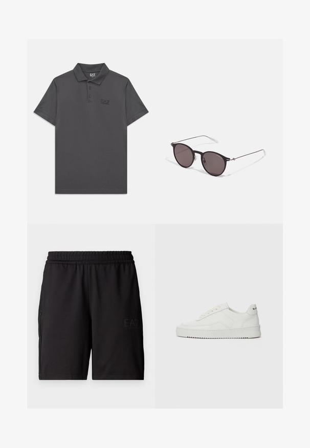 Tumši pelēks īsās piedurknes polo krekls ar trim pogām un smalku EA7 Emporio Armani logo kreisajā krūtī.; Melni sporta šorti, izgatavoti no viegla auduma, ar elastīgu jostasvietu un sieta sānu paneļiem. Zīmola logo drukāts priekšpusē.; Baltas ādas sneakers ar gludu virsmu, apaļu pirkstu daļu, plakaniem šņorēm un teksturētu zoli. Satur diskrētu logotipu uz papēža.; Melni apaļi saulesbrilles ar tumšiem lēca un plānām metāla stangām. Iekļautas caurspīdīgas tempļu galviņas un sudraba akcenti pie eņģes. Minimalistisks dizains.