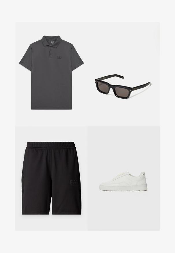 Tummanharmaa lyhythihainen polo-paita, jossa on kolme nappia ja hienovarainen EA7 Emporio Armani -logo vasemmassa rinnassa.; Musta urheilushortsit, jotka on valmistettu kevyestä kankaasta. Shortsien vyötäröllä on joustava resori ja sivuilla verkkokankaiset paneelit. Brändilogo on painettu etuosaan.; Valkoinen nahkakenkä, jossa on sileä pinta, pyöreä kärki, tasaiset nauhat ja teksturoitu pohja. Sisältää huomaamattoman logon kantapäässä.; Mustat suorakulmaiset aurinkolasit tummilla linsseillä, paksu muovikehys, kultaiset korostukset temppeleissä ja brändin logo kaiverrettuna varteen.