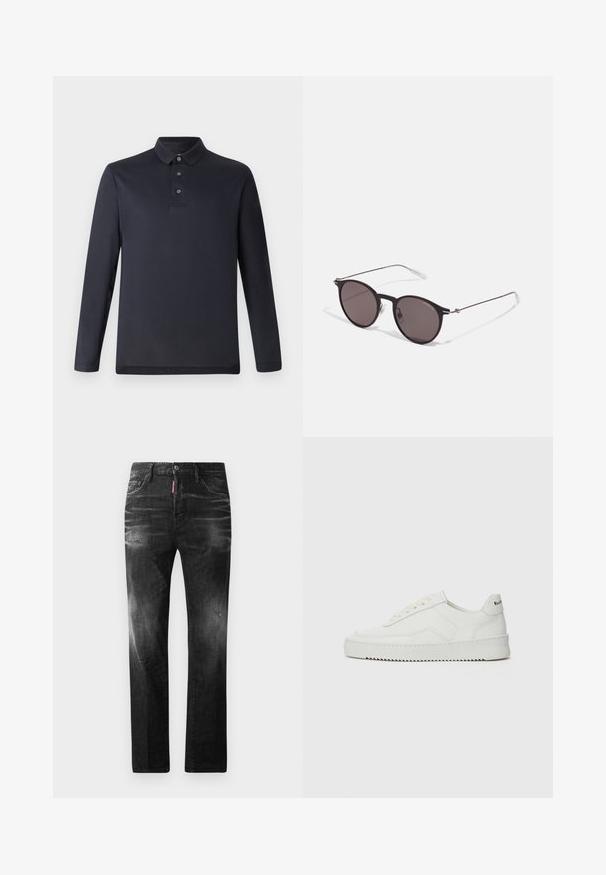 Pánská polo košile s dlouhými rukávy v tmavě námořnické barvě, se límečkem, tříknoflíkovou légou a rovnými lemy.; Černé džíny z denimu se rovnými nohavicemi. Obsahují vybledlé oblasti, drobné poškození, klasický pětikapsový design a zapínání na knoflík.; Bílé kožené tenisky s hladkým povrchem, kulatou špičkou, plochými tkaničkami a texturovanou podrážkou. Na patě se nachází nenápadné logo.; Černé kulaté sluneční brýle s tmavými skly a tenkými kovovými nohami. Obsahují průhledné koncovky nožiček a stříbrné akcenty na pantu. Minimalistický design.