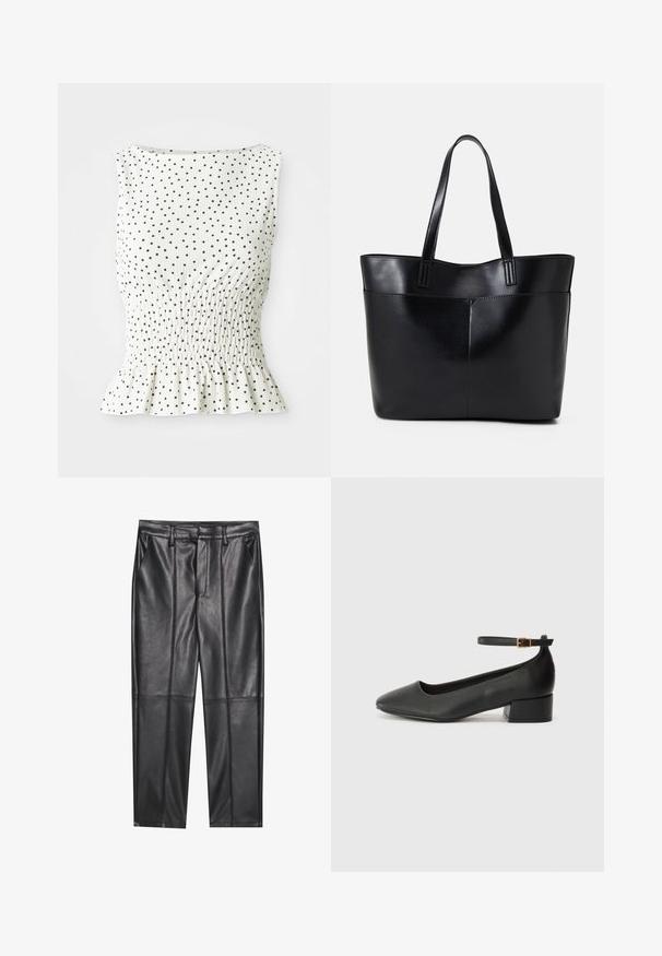 Hvit ermeløs topp med teksturert overflate, prydet med svarte prikker og en volangkant. Designet inkluderer et smocket liv.; Sorte lærbukser med en glat tekstur, der har en lige pasform, to forlommer og synlige sømdetaljer.; Sorte skinnpumper med spiss tå og lav blokkhelt. Har ankelrem med gullfarget spenne. Glatt tekstur.; Svart lær toteveske med to lange håndtak, en glatt tekstur og en strukturert form. Har en frontlomme for ekstra oppbevaring.