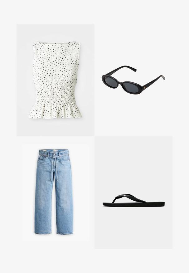 Valge ilma varrukateta topp tekstureeritud pinnaga, millel on mustad täpid ja volangiga äär. Disain sisaldab smockitud rinnaosa.; Heledad sinised laiad püksid kõrge vöökohaga, nupukese ja tõmbluku sulgemisega ning nööridega detailiga vöökoht. Tooriku serv.; Musta kummist suss, millel on tekstuuriga eraldi sõrmeosa ja lihtne lame tald, kuva külgvaates üheltoonilise heleda tausta ees.; Mustad mustad prillid ovaalsete läätsedega, sujuvast plastmassraamist ja kuldsete aktsentidega tempel. Tumedaid läätsi, mis pakuvad päikese kaitset.