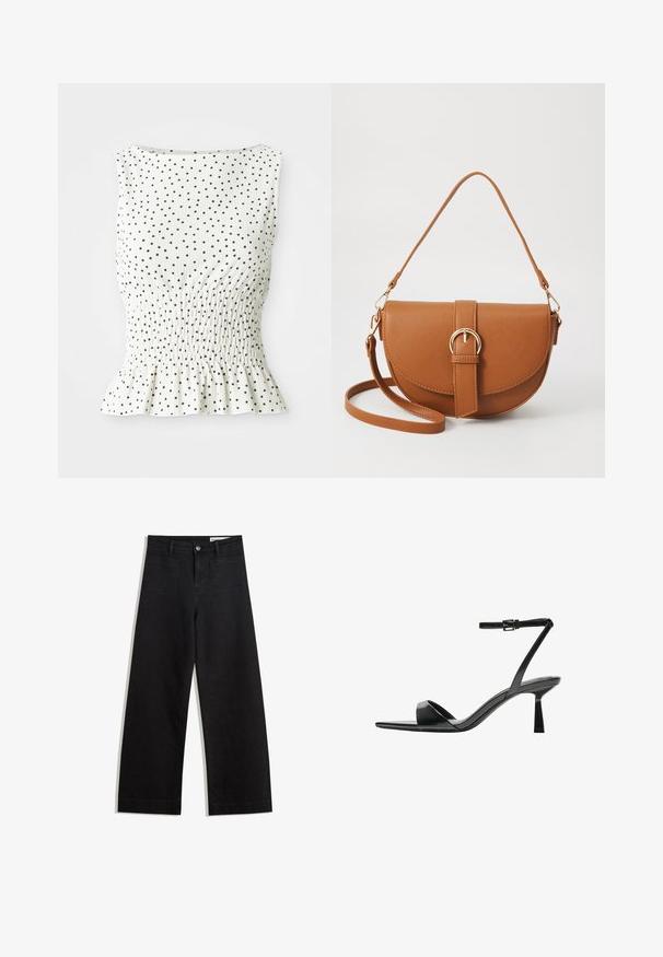 Valkoinen ilman hihoja oleva paita, jossa on teksturoitu pinta, mustia pilkkuja ja röyhelöhelma. Suunnittelussa on smokkikuvioinen yläosa.; Mustat leveät farkut korkealla vyötäröllä, joissa on etu- ja takataskut, ommellut saumat ja nappisuljenta. Silkinoinen rakenne.; Bershka Korolliset sandaalit - black; Ruskean nahkainen olkalaukku, jossa on kaareva muoto, kultaiset yksityiskohdat ja solkiyksityiskohta. Varustettu irrotettavalla olkahihnalla.