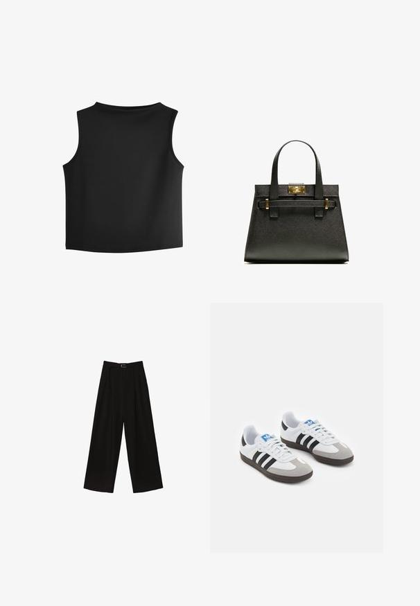 Top senza maniche nero con scollatura tonda, realizzato in un tessuto liscio e elasticizzato. Presenta cuciture pulite e minime e un orlo dritto.; Pantaloni neri a gamba larga con vita alta, dotati di una cintura in vita e pieghe per aggiungere texture. Realizzati in un tessuto morbido e leggero.; Scarpe sportive con tomaia in pelle bianca, punta in suede grigia e tre strisce nere. Presentano un logo blu sulla linguetta e una suola in gomma testurizzata.; Borsa a tracolla nera con manici corti, dotata di una chiusura e dettagli in oro. Il design è strutturato, con una silhouette geometrica.