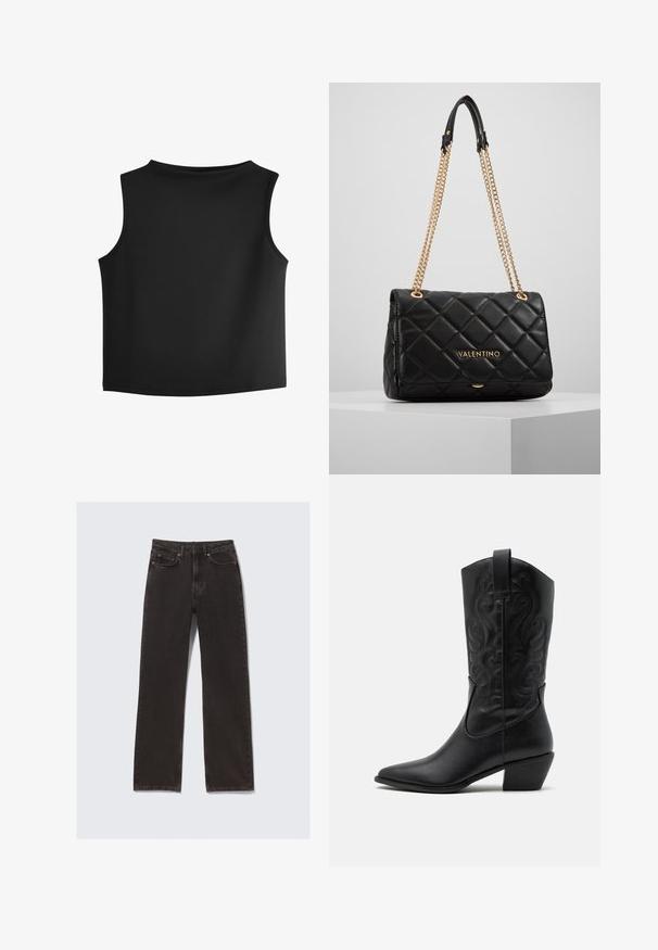 Schwarzes ärmelloses Top mit rundem Ausschnitt, aus einem glatten, elastischen Stoff gefertigt. Es hat saubere, minimalistische Nähte und einen geraden Saum.; Schwarze Jeans aus Denim mit geradem Schnitt, ausgestattet mit Fronttaschen, Gürtelschlaufen und dezenten Steppdetails. Gefertigt aus strapazierfähigem Baumwollmaterial.; Schwarze Leder-Cowboy-Stiefel mit spitzem Zeh, geprägten, wirbelnden Mustern und einem mittelhohen Absatz. Mit einem Zuglasche für einfaches An- und Ausziehen.; Schwarze, gesteppte Leder-Handtasche mit goldener Kettenriemen und Logo-Detail. Rechteckige Form, glatte Textur, mit einem Klappenverschluss.