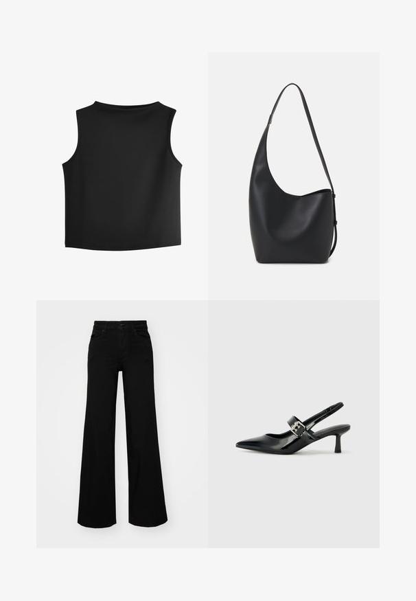 Mustamata ühe õlavarrega topp ümmarguse kaelusega, valmistatud siledast venivast kangast. Sellel on puhtad, minimalistlikud õmblused ja sirge äär.; Mustad mustad püksid, mis on valmistatud denimist, struktuurse vöökohtade, vöökootidega ja esikottidega. Sile tekstuur klassikalise disainiga.; Mustad patenteeritud nahast sildiga kontsad, millel on terav nina ja väike plokk-konts, mille rihmal on hõbedane pandla aksessuaar.; Mustast nahast hobo kott, millel on sile tekstuur, kumer kuju ja üks reguleeritav rihm; peal on lai avaus.