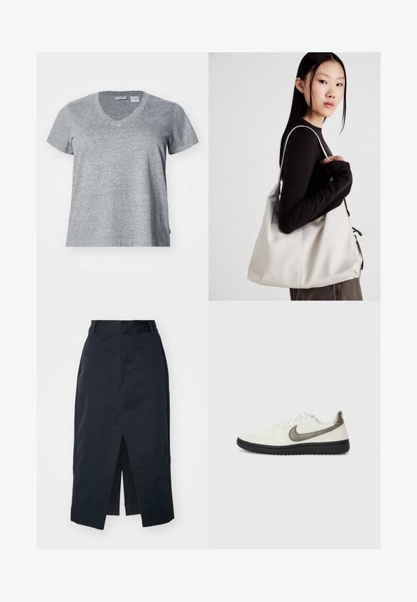 Pelēks, īsām piedurknēm, V-veida kakla T-kreklis, izgatavots no teksturētas auduma, ar brīvu piegriezumu un sānu šuvēm.; Tumši jūras zila midi svārki, izgatavoti no kokvilnas maisījuma auduma, ar priekšējo spraugu, slēptu rāvējslēdzēju un sānu kabatām funkcionalitātei.; Nike Sportswear FIELD GENERAL - Treniņu apavi - off-white/black; Bežs rokassoma, izgatavota no mīksta materiāla, ar brīvu dizainu, izšūtu apdari un divām plecu siksnām. Piemērota ikdienas lietošanai.