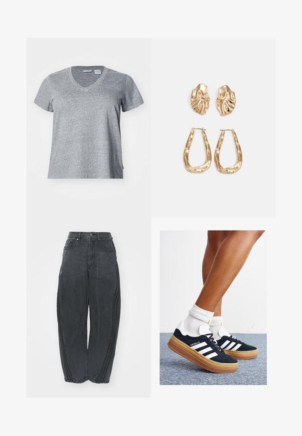 Grå T-skjorte med kort erme og V-hals, laget av teksturert stoff, med en avslappet passform og detaljer på sidesømmen.; Baggy svarte denimjeans med en falmet finish, fem lommer, belteknapplukking og sømdetaljer på forsiden og sidene.; Svarte sneakers i semsket skinn med hvite striper og detaljer, rund tå, yttersåle i gummigummi, kombinert med hvite ribbestrikkede crew-sokker.; Gullfargede øredobber med teksturerte, bølgete former. Inkluderer skulpturelle klipsstuds og åpen hoop-design med en hamret finish.