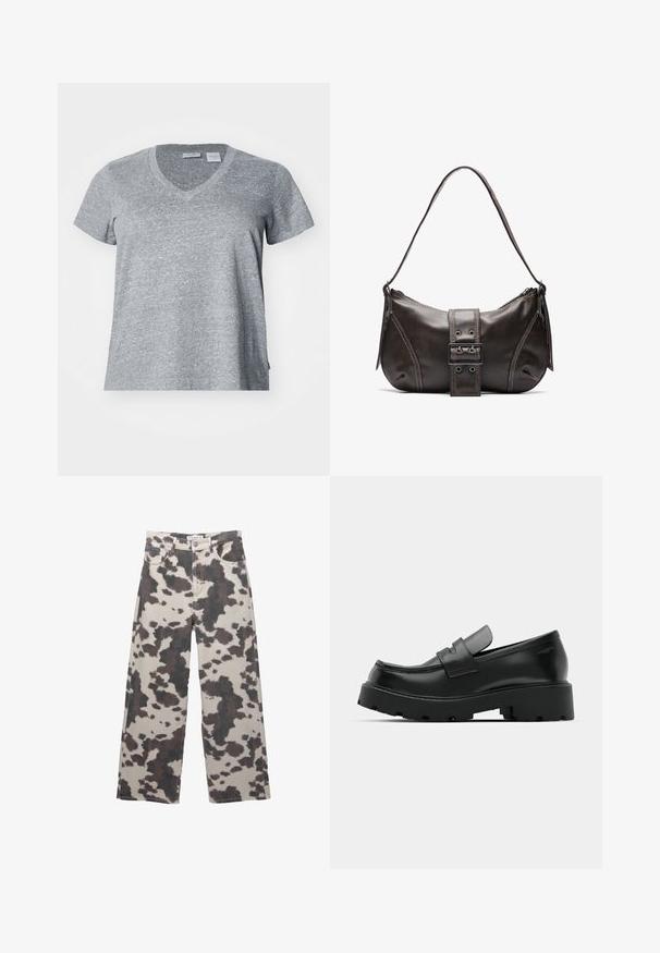Maglietta grigia a maniche corte con scollo a V realizzata in tessuto testurizzato, caratterizzata da una vestibilità rilassata e dettagli sulle cuciture laterali.; Jeans a gamba larga di colore beige con motivo a stampa di mucca marrone. Presentano una chiusura con bottone e design a cinque tasche. Realizzati in tessuto denim.; Mocassini in pelle nera con suola spessa e texture, dotati di una fascia sulla parte anteriore e una finitura liscia e lucida.; Borsa a spalla in pelle marrone con una forma curvata, caratterizzata da un evidente dettaglio a fibbia, cuciture a contrasto e una sola tracolla.