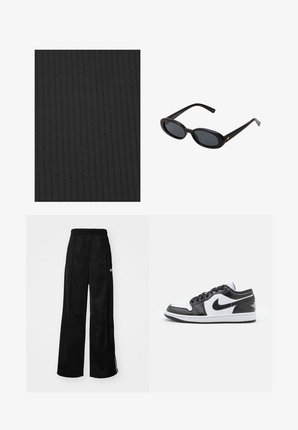 Zwarte ribbeltextielstof met een gladde textuur en consistente verticale lijnen, geschikt voor meubelstoffering of mode-toepassingen.; Zwarte wijde trainingsbroek met een elastische tailleband, voorzien van witte zijkanten en een klein logo op de linker heup. Stevige stoftextuur.; Zwart-witte Nike lage sneakers hebben een glad leren bovenwerk, een ronde neus, vetersluiting en een gestippelde rubberen zool.; Zwarte oversized zonnebril met ovale lenzen, een glad plastic montuur en gouden accenten op de pootjes. Donkere lenzen bieden bescherming tegen de zon.