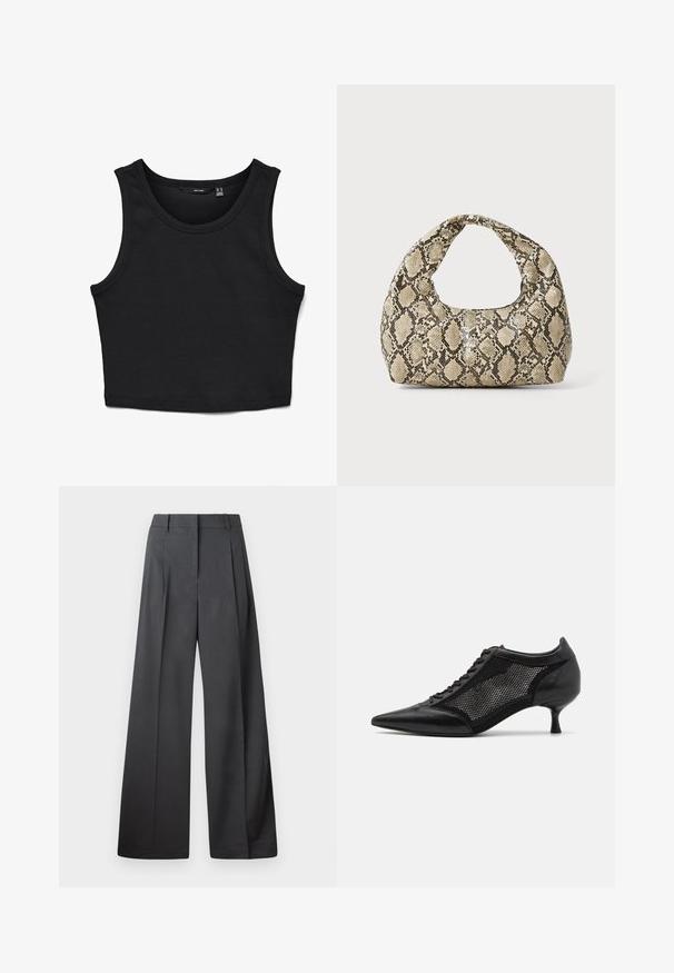 Top corto negro de tirantes anchos, confeccionado en tejido acanalado. Presenta un escote redondo y un ajuste ceñido en toda la prenda.; Pantalones de pierna ancha en tejido gris oscuro, con una cintura alta, pliegues simples y una textura suave con un acabado limpio en los dobladillos.; Zapato negro de punta afilada con un diseño de panel de malla, que presenta un tacón bajo y cordones en la parte delantera. Está fabricado con una combinación de cuero y material de malla.; Bolso de mano con estampado de serpiente y asa curvada. Hecho de materiales texturizados en tonos beige y marrón, con un patrónen diamante distintivo.