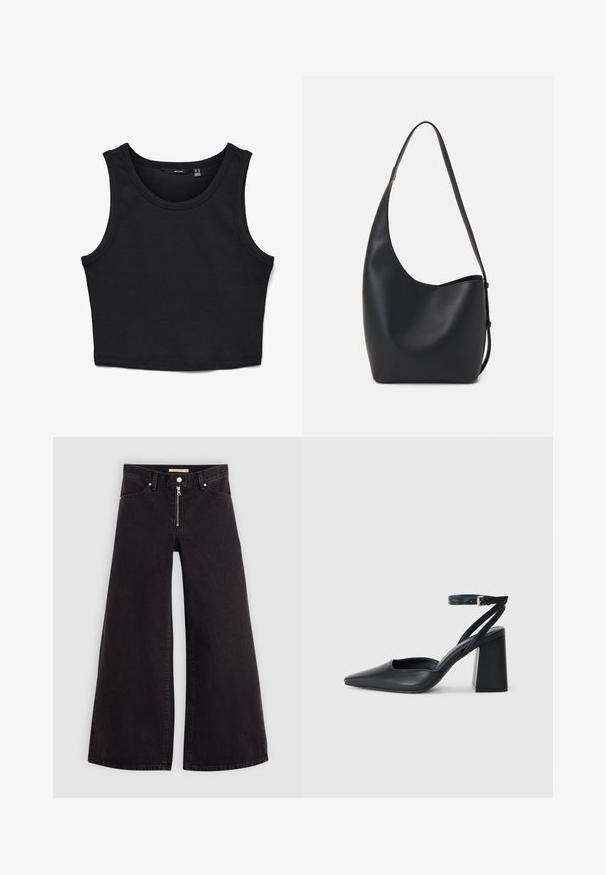 Svart kortärmad tanktopp i ribbat tyg. Utrustad med breda axelband och en rund halsringning, med en smal passform genom hela toppen.; Breda jeans i svart denim med dragkedja fram, femfickorsdesign och subtila sömdetaljer. Slät textur och avslappnad stil.; Svart läderpumps med spetsig tå, ankelrem och kraftig klack. Slät textur, stilren design och minimalistisk estetik.; Svart läder hobo-väska med en slät textur, kurvig form och en justerbar axelrem; har en bred öppning upptill.