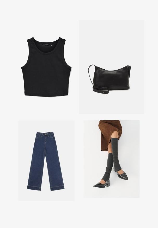 Crni kratki top izrađen od rebraste tkanine. Ima široke naramenice i okrugli izrez, uz uski kroj kroz cijeli model.; Široke traperice u tamnoplavom denimu. Imaju pet džepova, petlje za pojas i siroki rub na dnu s vidljivim detaljima šavova.; Crne lakirane cipele s šiljastim prstima, blok-petom i remenom oko gležnja, uparene s sivim rebrastim čarapama do koljena i smešnom suknjom od antilopa.; Crna kožna torba na rame s glatkom teksturom, zakrivljenim oblikom, podesivim remenom i zatvaranjem na patentni zatvarač. Minimalistički dizajn bez ukrasa.