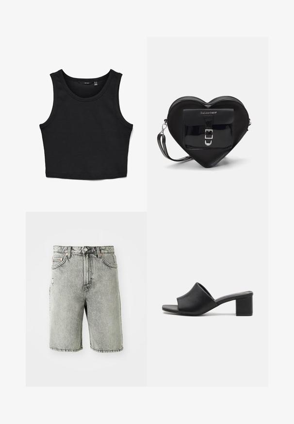 Črn skrajšan top brez rokavov iz rebrastega materiala. Ima široke naramnice in okroglo izrezan vrat ter ohlapen kroj.; Sive denim kratke hlače z klasičnim pet-pocket dizajnom, bledim videzom in našitki na robovih in pasu.; Črne usnjene mule z blokastim petami in odprto tobko, s sijočo površino in rahlo ukrivljenim zgornjim delom za udobje in stil.; Črna torbica v obliki srca, izdelana iz lakirane usnje, s sprednjim žepom, ki se zapira z zaponko, in snemljivim trakom. Srebrni dodatki.