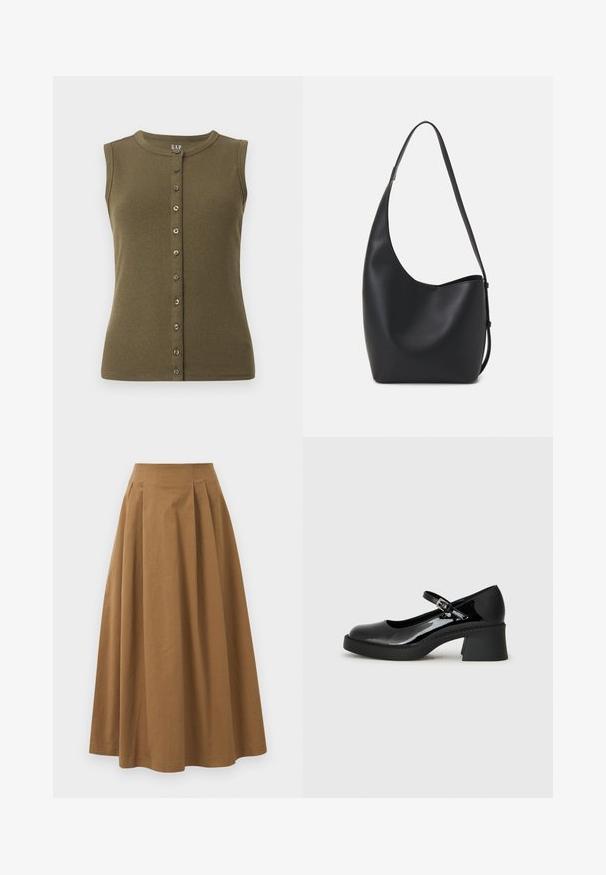 Olive green sleeveless top with a ribbed texture, round neckline, and a front button closure featuring seven gray buttons.; Brown cotton A-line skirt with a high waist, featuring pleats down the front and a smooth texture. Hem finishes are clean and simple.; Black patent leather Mary Jane shoe with a rounded toe, adjustable strap, and a chunky square heel. Features a textured sole.; Black leather hobo bag with a smooth texture, curved shape, and single adjustable strap; features a wide opening at the top.
