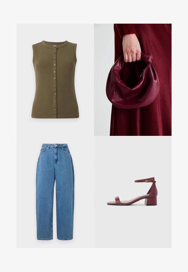 Tamsiai žalias be rankovių viršus su gurguliuotą tekstūrą, apvaliu kaklu ir priekiniais mygtukais, kuriuose yra septyni pilki mygtukai.; Šviesiai mėlynos džinsinės kelnes su tiesiu kirpimu, aukštu liemeniu ir priekyje užsegimu mygtuku. Turi penkias kišenes ir minimalias siuvimo detales.; Burgundi odinė šlepetė su kvadratiniu pirštu, plona kulkšnies juosta, auksiniais akcentais ir stambiu blokiniu kulnu. Lygus paviršius ir minimalistinis dizainas.; Bordo odinė rankinė su minkštu, susiraukšlėjusiu dizainu ir apvalia forma. Rankena yra tvirtai pritvirtinta, atskleidžianti lygią tekstūrą.